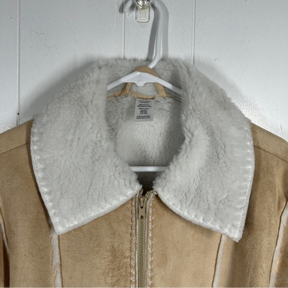 Faux Suede and Fur Zip Up Tan Coat with Floral Embroidery Large - Picture 5 of 7